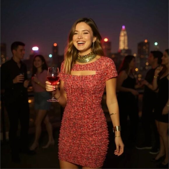 Twiin Tied Mesh Mini Dress – Red & Pink Floral Cut‑Out Neckline NWT XS - Picture 4 of 6